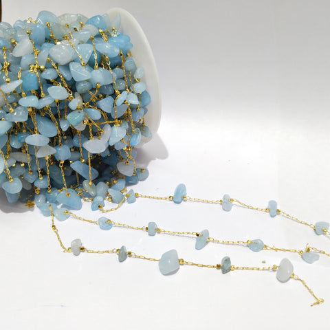 Aqua blue Stone Beads gunthan chain 1 MTR gold plated