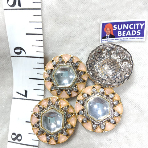 Round Peach High Quality AD Kundan Brooch 1pc