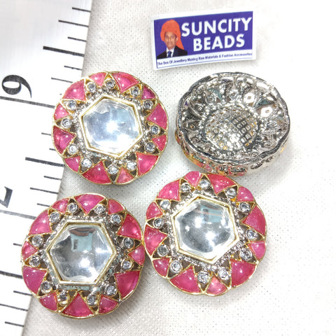 Round Rani Pink High Quality AD Kundan Brooch 1pc