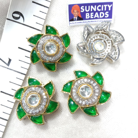 Round Flower Emerald Green High Quality AD Kundan Brooch 1pc