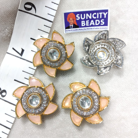 Round Flower Peach High Quality AD Kundan Brooch 1pc