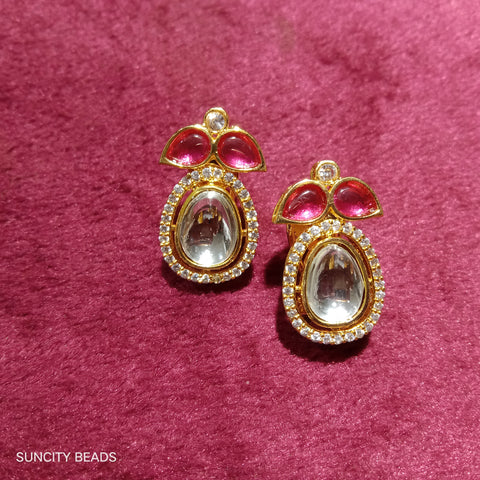 High Quality Ruby Pink Cherry AD Polki Kundan Earring 1 Pair