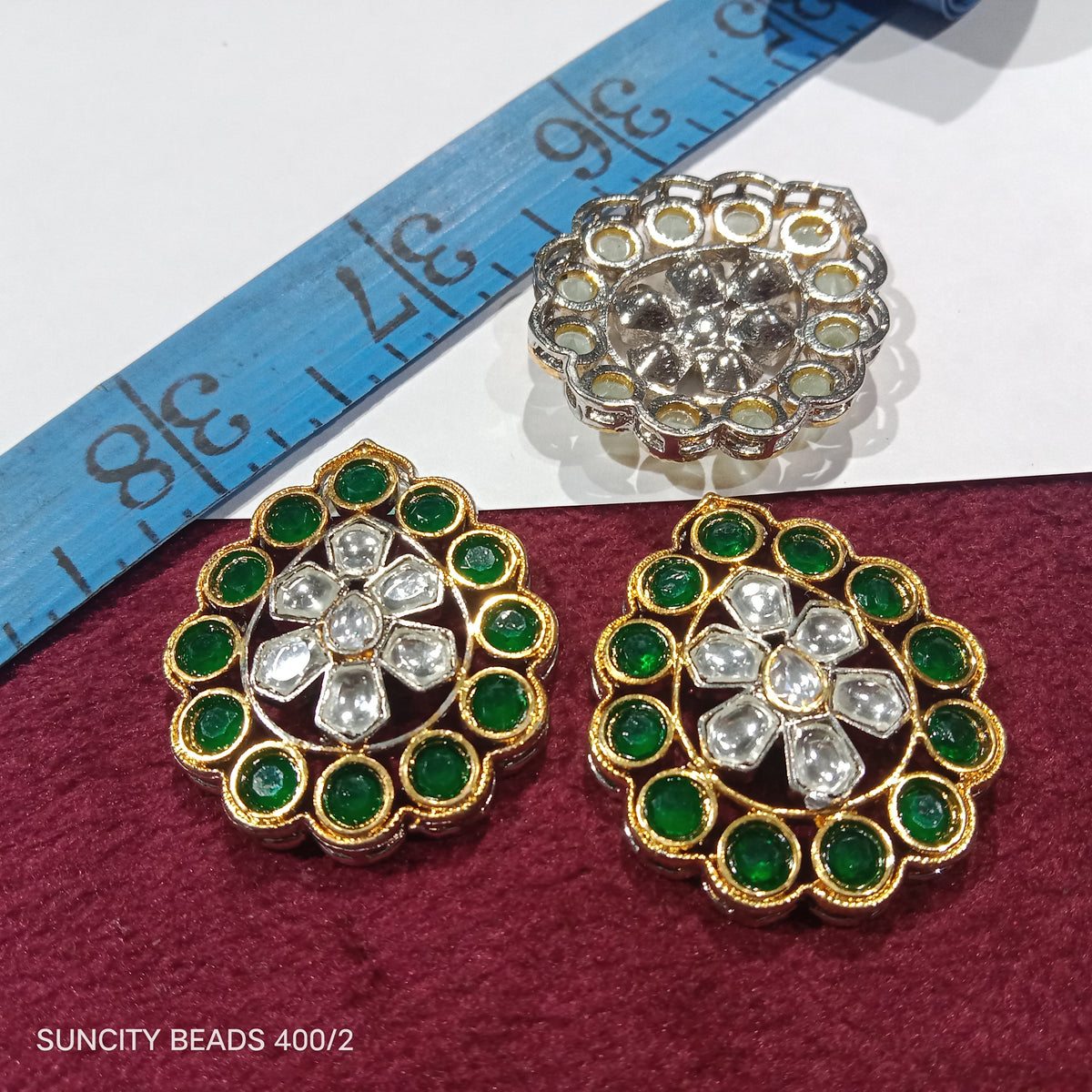 High Quality Drop Emerald Green AD Kundan Brooch 2pcs | Suncity Beads