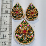 Meenakari Kundan Pendant With Earring Dark Green Tilak 1 Set