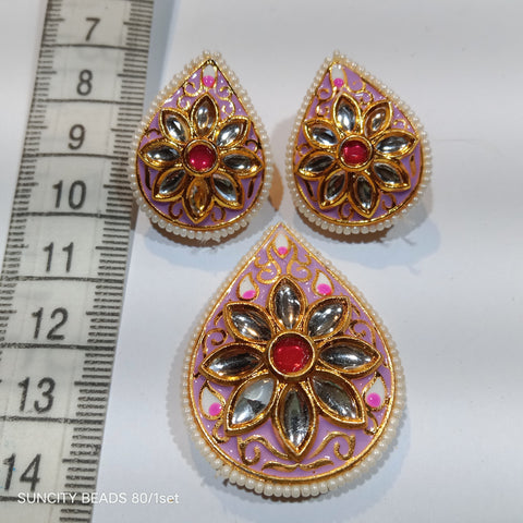 Meenakari Kundan Pendant With Earrings Purple Tilak 1 Set