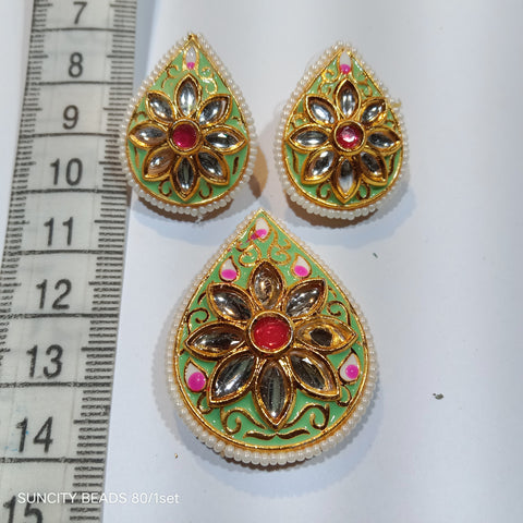 Meenakari Kundan Pendant With Earrings Mint Green Tilak 1 Set