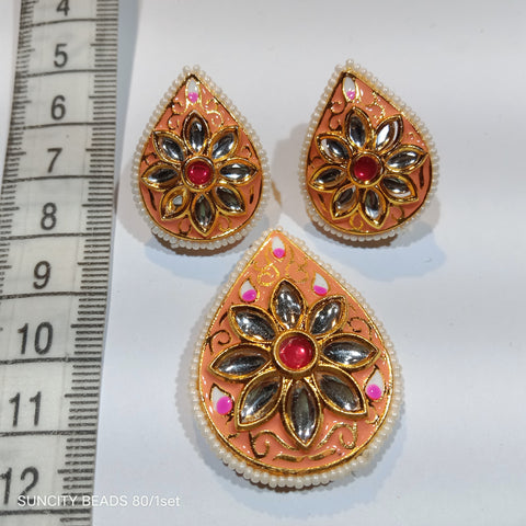 Meenakari Kundan Pendant With Earrings Peach Tilak 1 Set