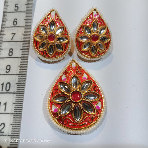 Meenakari Kundan Pendant With Earrings Rani Pink Tilak 1 Set