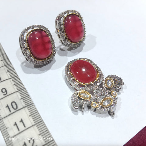 High Quality Polki Kundan Pendant With Earrings Ruby Oval 1 Set